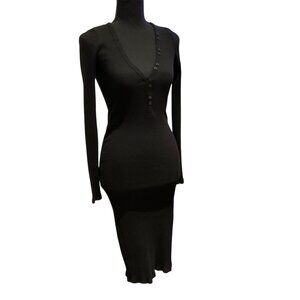 Intermix Molly V-Neck Black Ribbed Button Front Long Sleeve Midi Dress Small